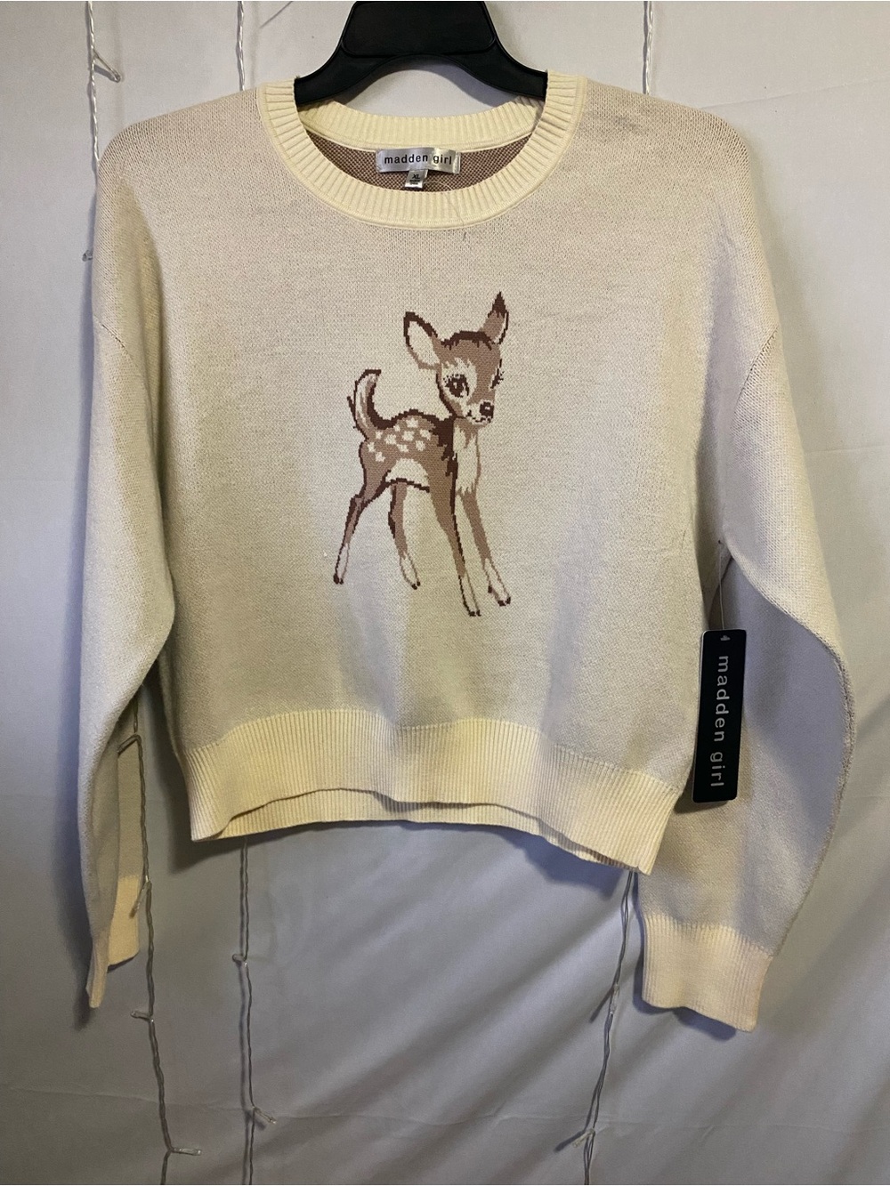 Madden Girl Cream Sweater with Brown Deer Graphic